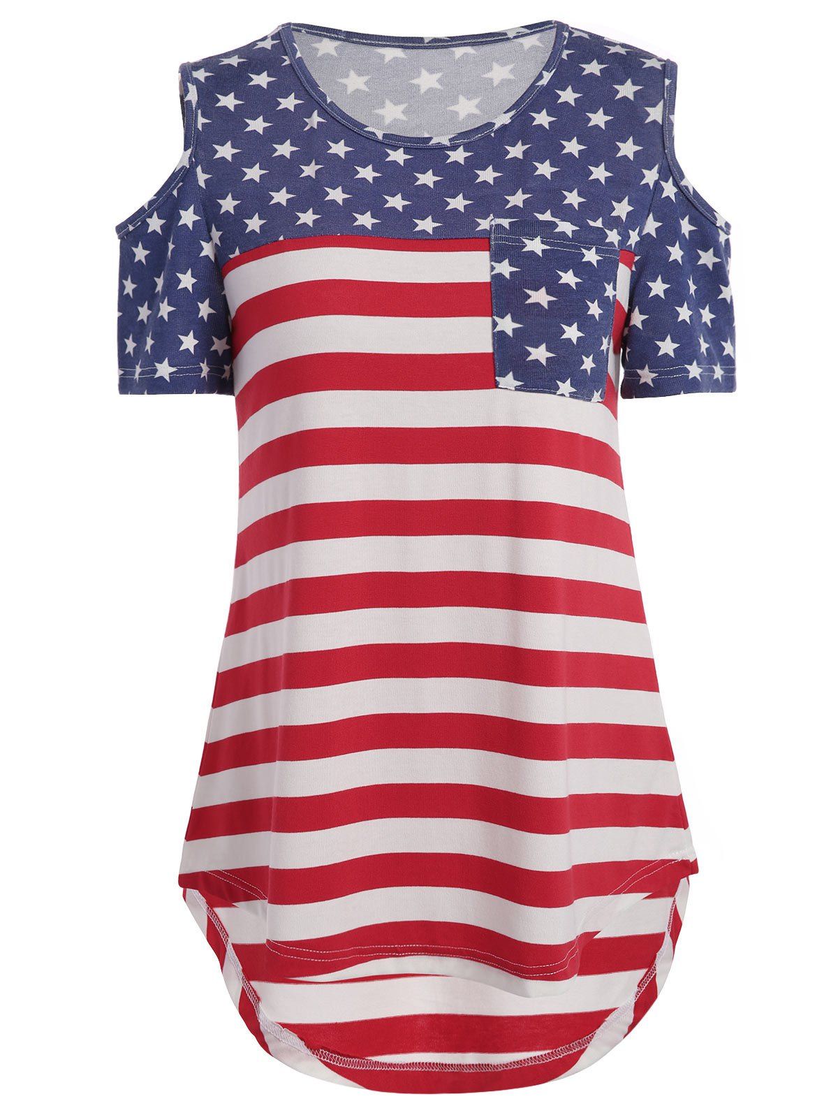 

Cold Shoulder American Flag Print Pocket Tee, Colormix