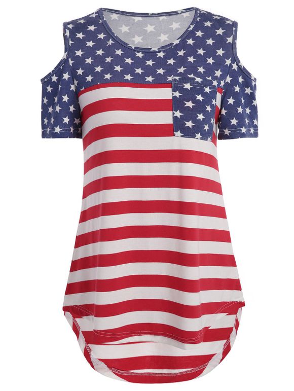 T-Shirt à Épaules Dénudées avec Imprimé Drapeau Américain et Poche - multicolore L