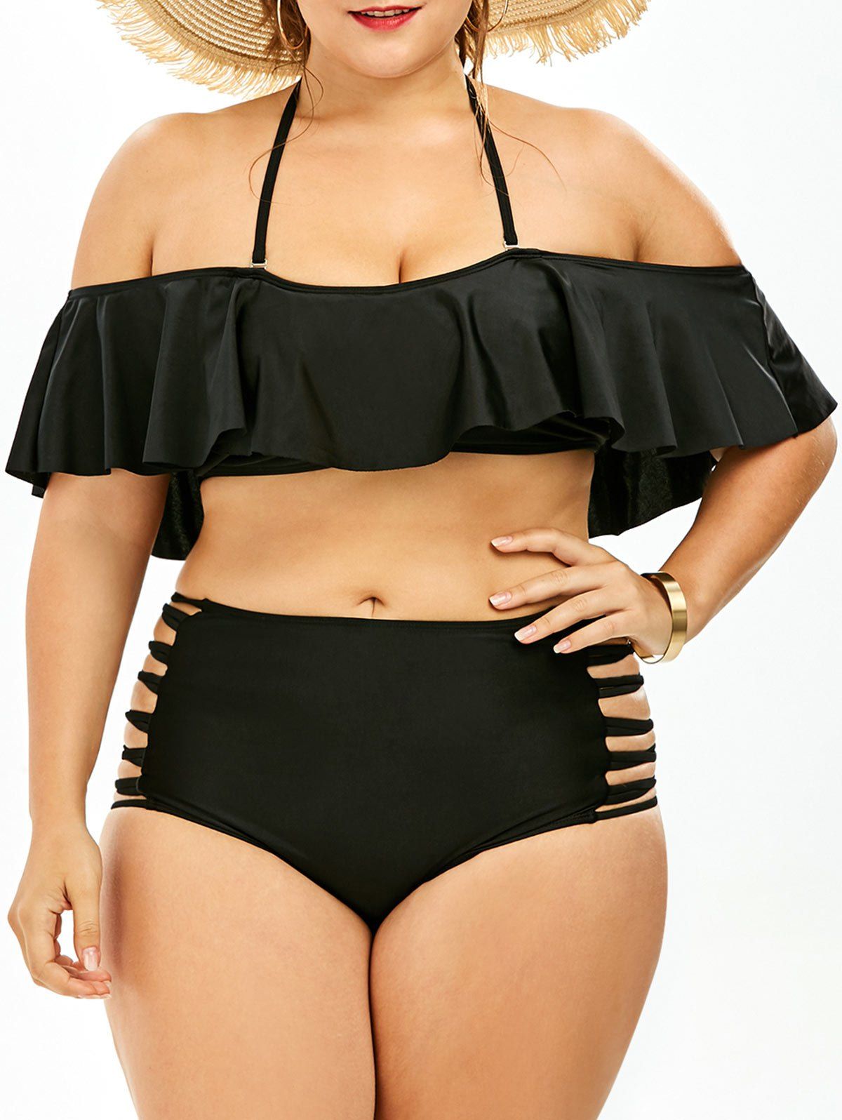

Cut Out Halter Ruffle Plus Size Bikini Swimsuit, Black