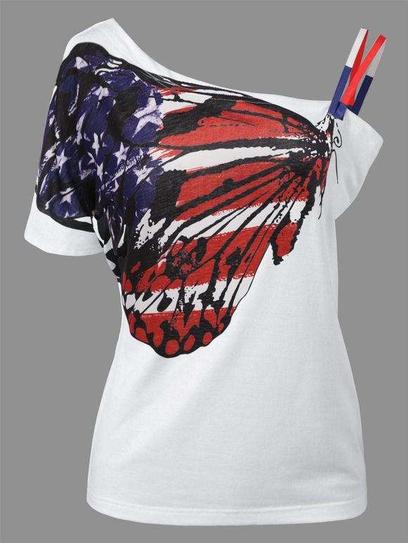 T-shirt Imprimé Drapeau Américain Patriotique à épaule Nue - Blanc XL