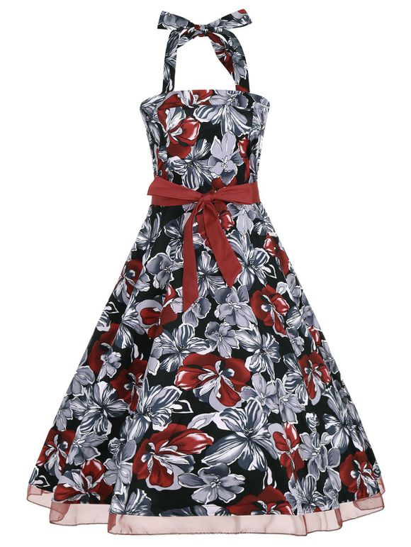 Robe Dos-Nu Ceinturée à Imprimé Floral Style Rétro - Rouge XL