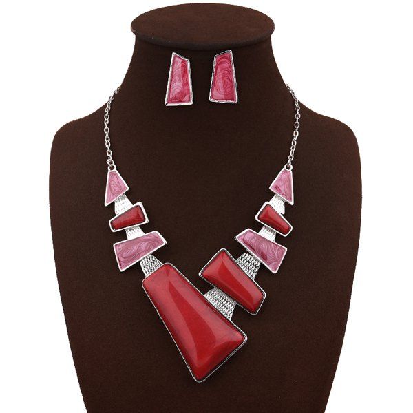 

Faux Gemstone Geometric Necklace with Earrings, Red