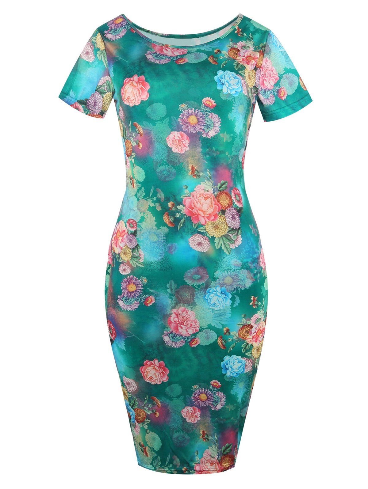 

Short Sleeve Floral Midi Dress, Green