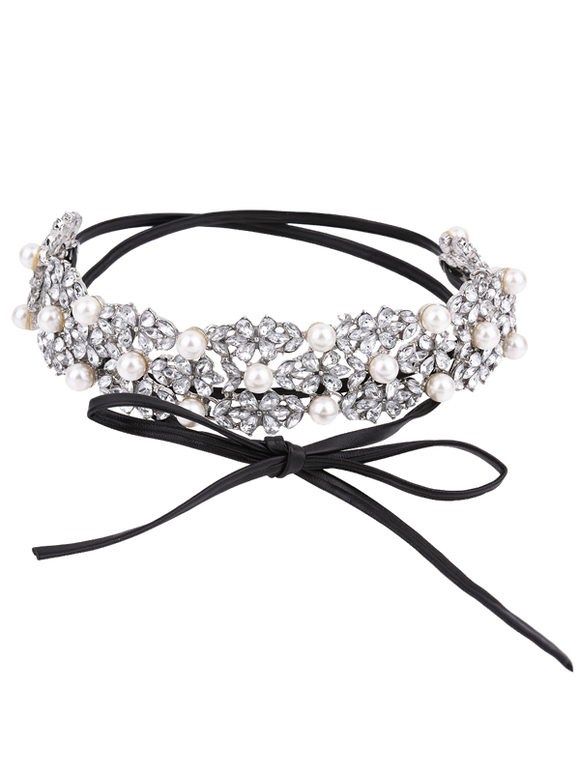 Faux Crystal Pearl Bows Choker Collier - Argent 