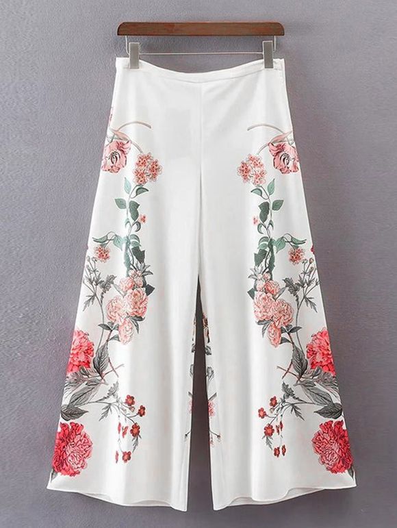 Pantalon à pattes larges à haute taille floral - Blanc L