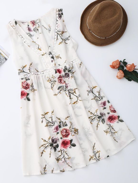 Robe Florale Courte Sans Manches en Mousseline de Soie - Blanc XL