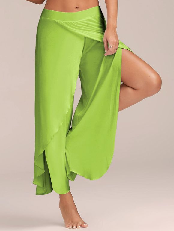 Pantalon large fluide superposé fendu jusqu'à la cuisse - Vert clair M