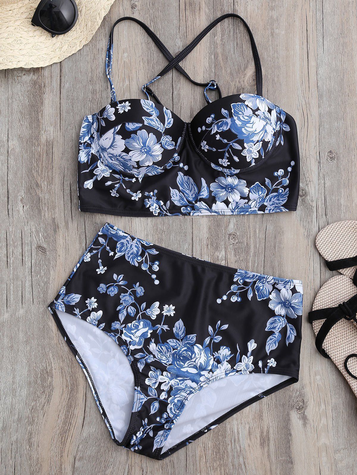 

High Waisted Floral Underwire Bikini, Black