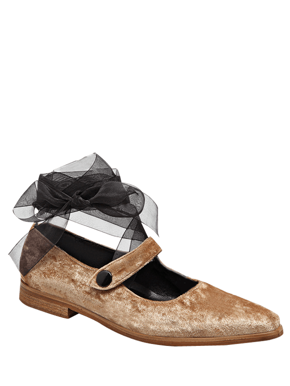 Chaussures plates en velours à lacets et bouts carrés - Abricot 39
