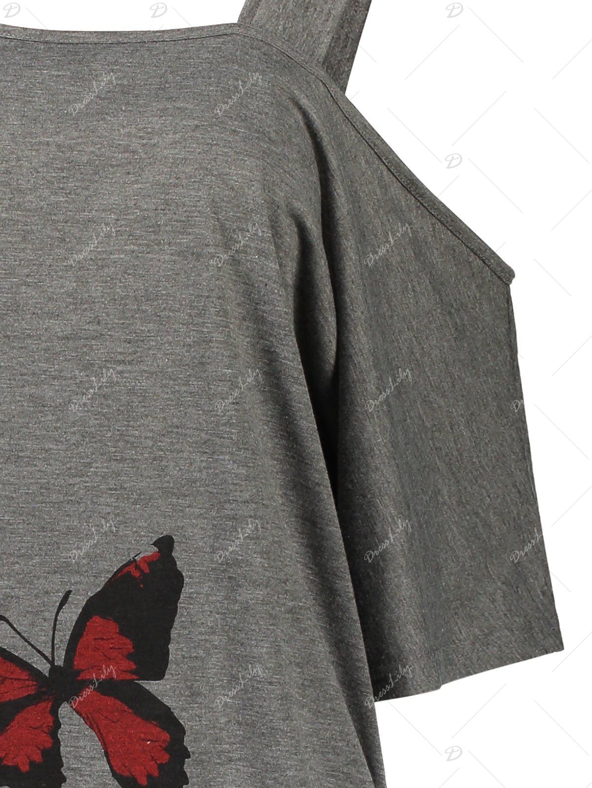 2018 Plus Size Cold Shoulder Butterfly Print Top Gray Xl In Plus Size T Shirts Online Store 