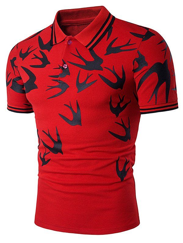 

Swallow Print Varsity Stripe Panel Polo T-Shirt, Red