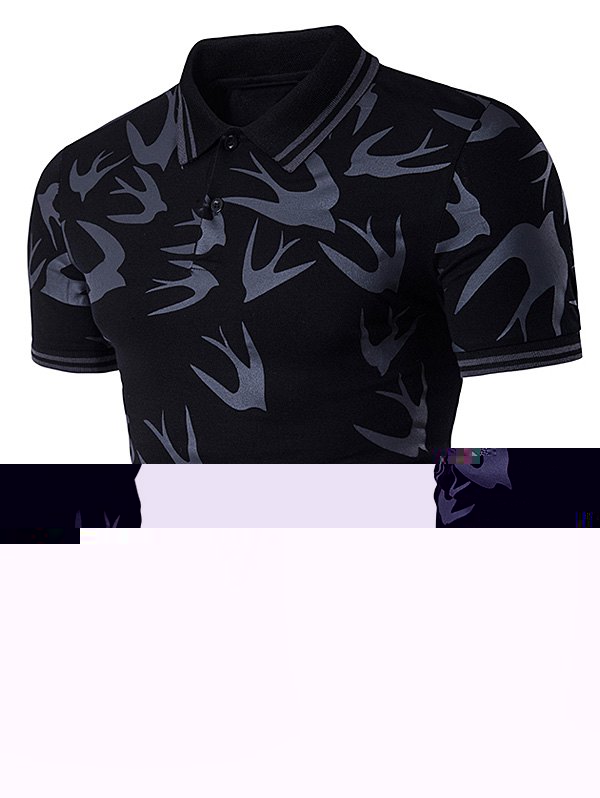 

Swallow Print Varsity Stripe Panel Polo T-Shirt, Black