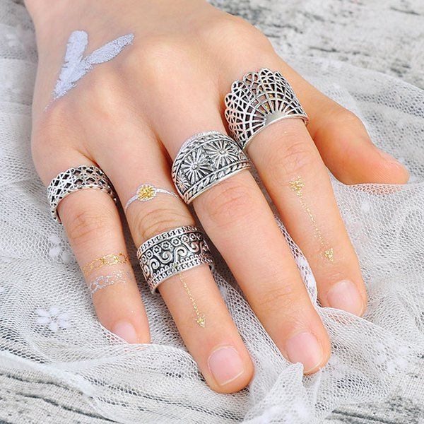 

Wide Flower Gypsy Ring Set, Silver