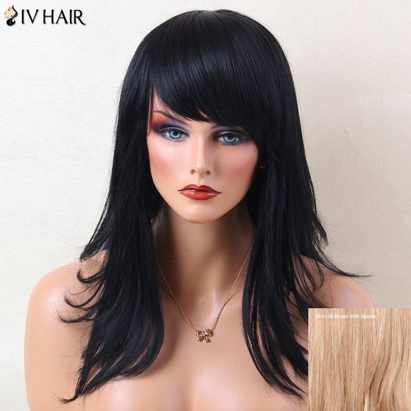 Siv Hair Perruque de Cheveux Humain Superposée Droite Longue Naturelle Frange Inclinée - Brun Avec Blonde 
