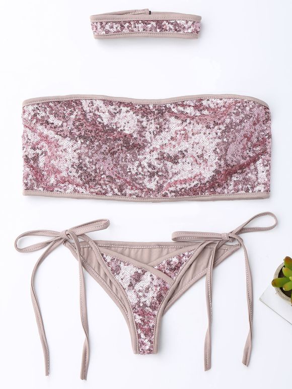 Sequined String Strapless Bandeau Bikini avec Choker - Rose Pailleté XL