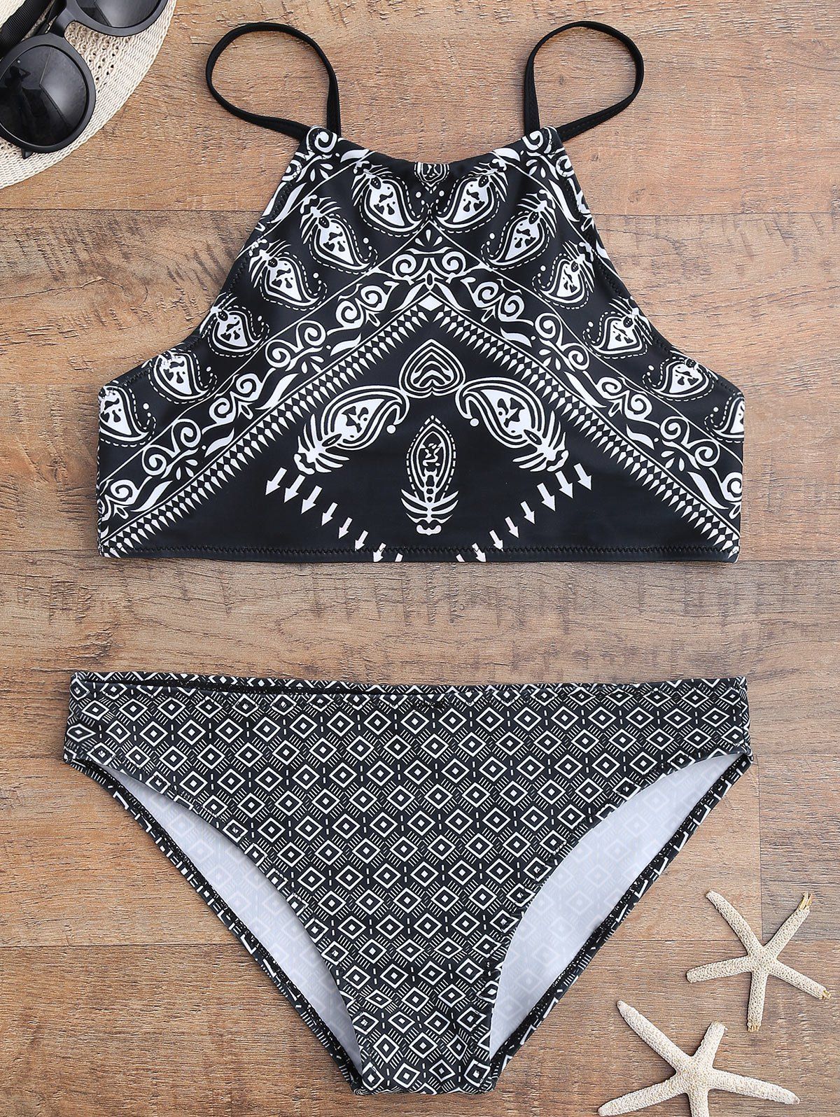 

Paisley Geometric High Neck Push Up Bikini Bathing Suit, White and black