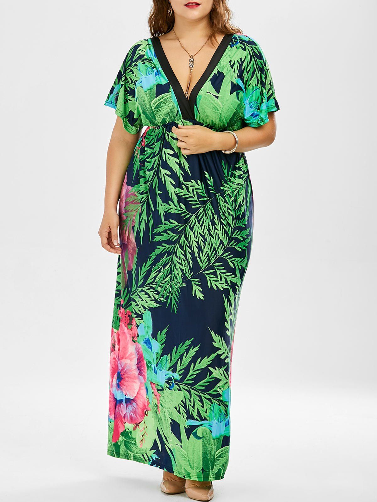[41% OFF] 2020 Tropical Print Floor Length Plus Size Dress In GREEN ...
