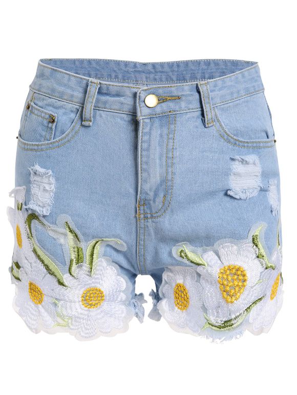 Frayed Embroidered Floral Denim Shorts - LIGHT BLUE XL