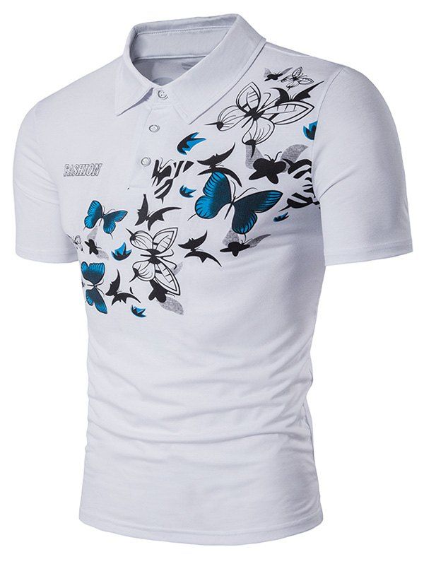 

Short Sleeve Butterflies Print Fashion Polo T-Shirt, White