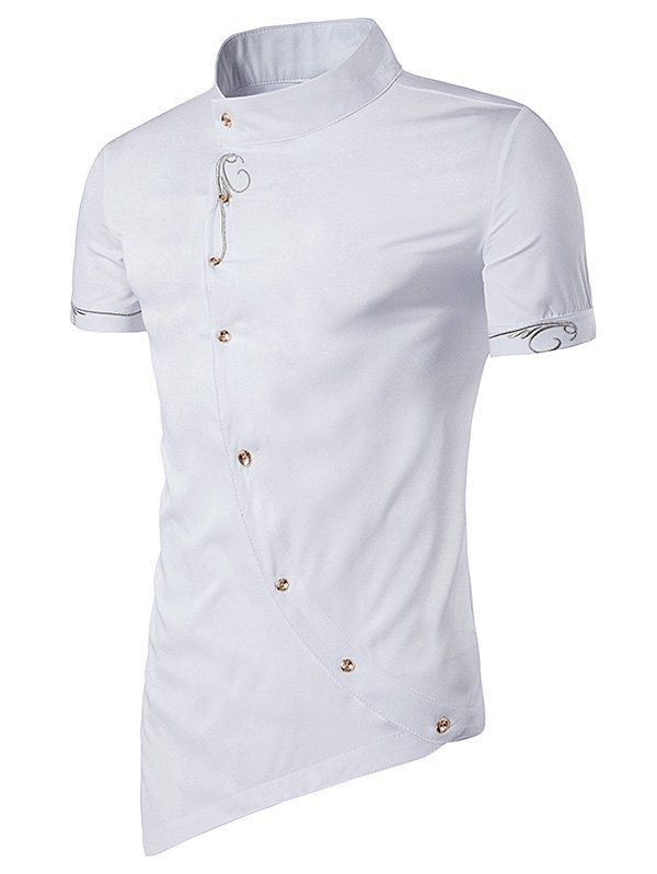 

Short Sleeve Mandarin Collar Embroidered Novelty Shirt, White