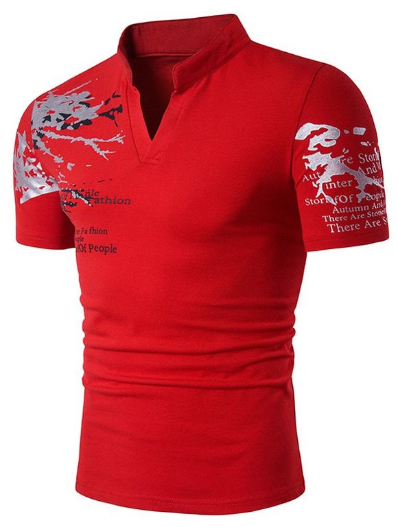 T-Shirt Henley Imprimé Peinte Éclaboussé à Manches Courtes - Rouge M