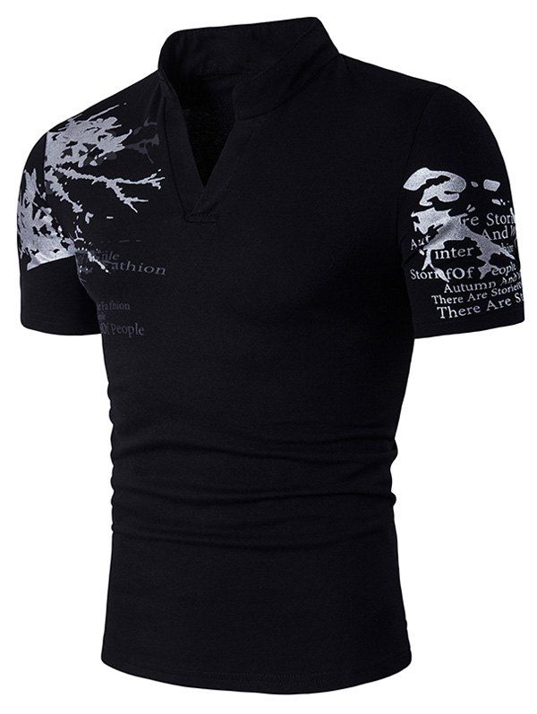 

Graphic Splatter Paint Print Short Sleeve Henley T-Shirt, Black