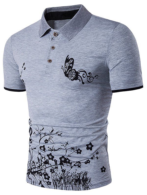 

Butterfly and Floral Print Polo T-Shirt, Gray