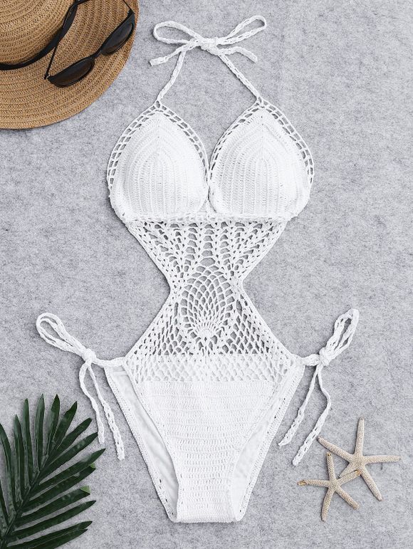 Halter Crochet Padded Backless Swimsuit - WHITE S