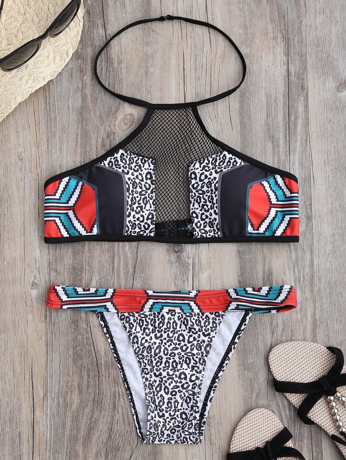 

Print Halter Bikini with Mesh Panel, Black