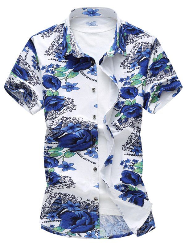 

Stretch Flower Print Casual Shirt, Blue