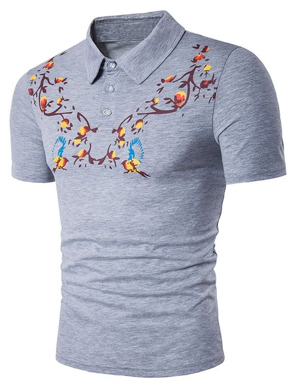 T-shirt symétrique à manches courtes pour motifs floraux et imprimés pour oiseaux - Gris XL