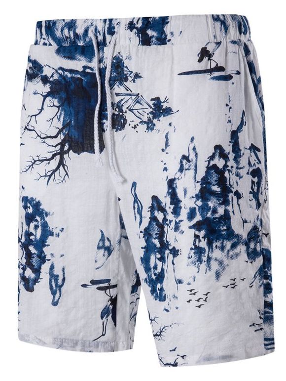 Blends Landscape Print Drawstring Linge de lit Shorts - Blanc XL