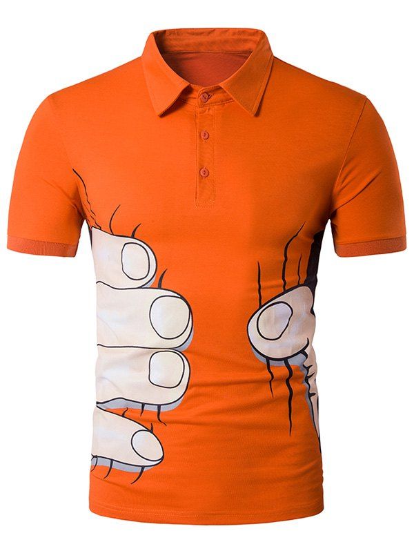 

Short Sleeve Cartoon Fingers Print Novelty Polo T-Shirt, Orange