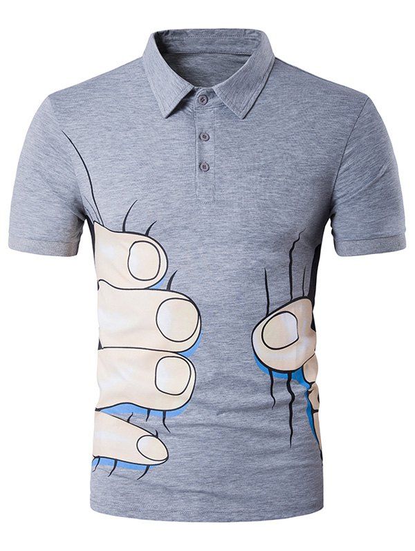 

Short Sleeve Cartoon Fingers Print Novelty Polo T-Shirt, Gray