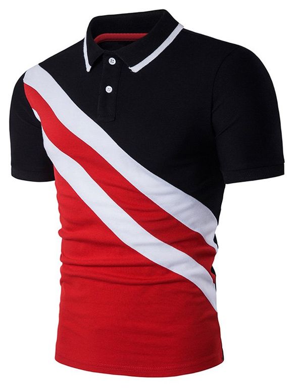 T-shirt Polo Contrastant à Rayures Obliques - Noir XL