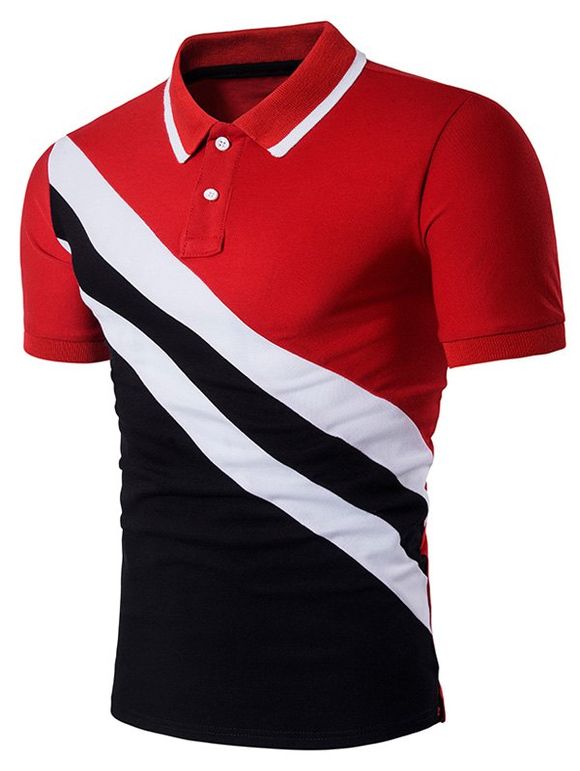 T-shirt Polo Contrastant à Rayures Obliques - Rouge L