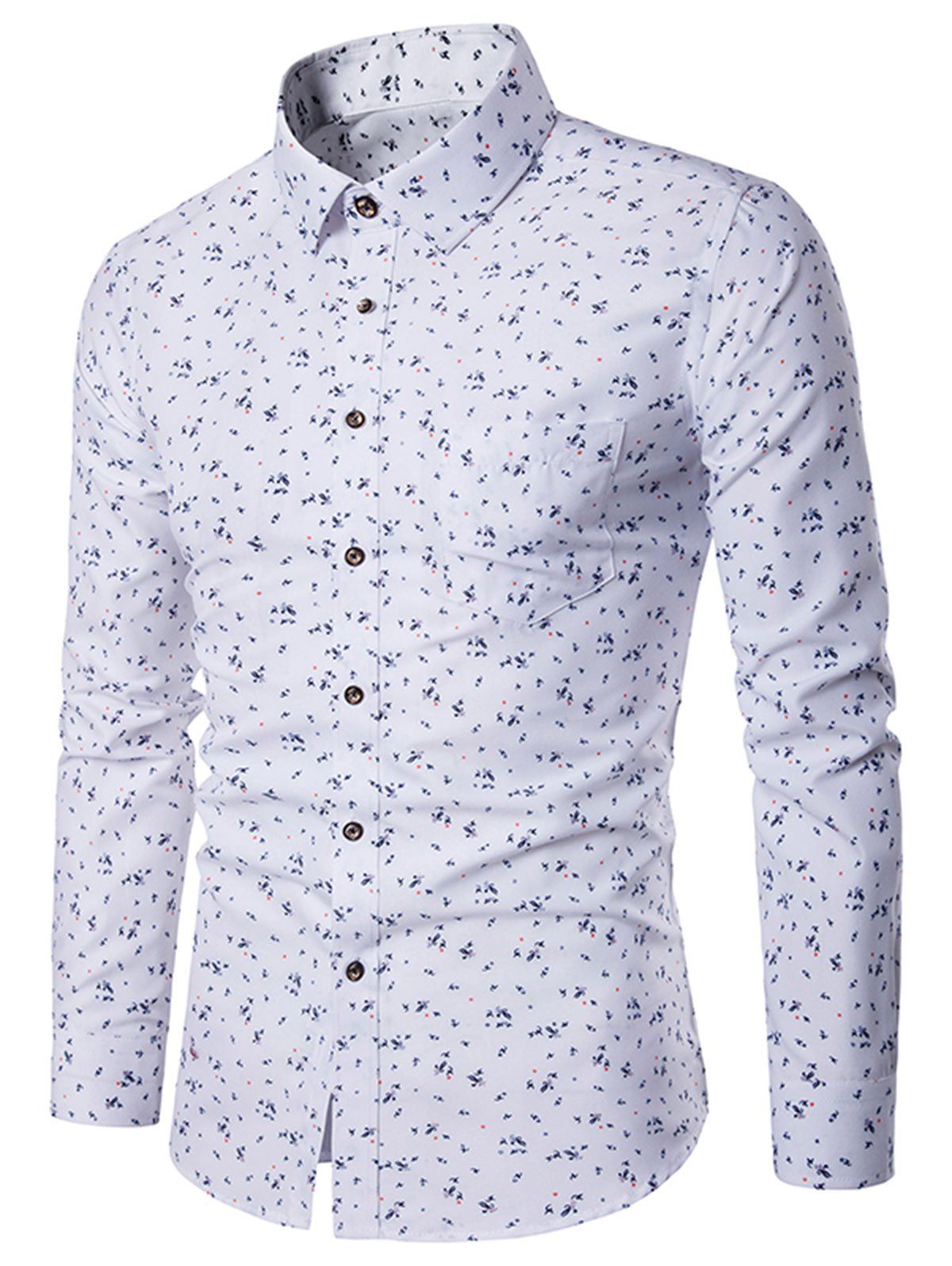 

Tiny Floral Print Long Sleeve Pocket Shirt, White
