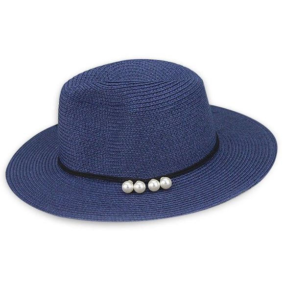 Chapeau de paille en perle artificielle de plage - Bleu Marine 