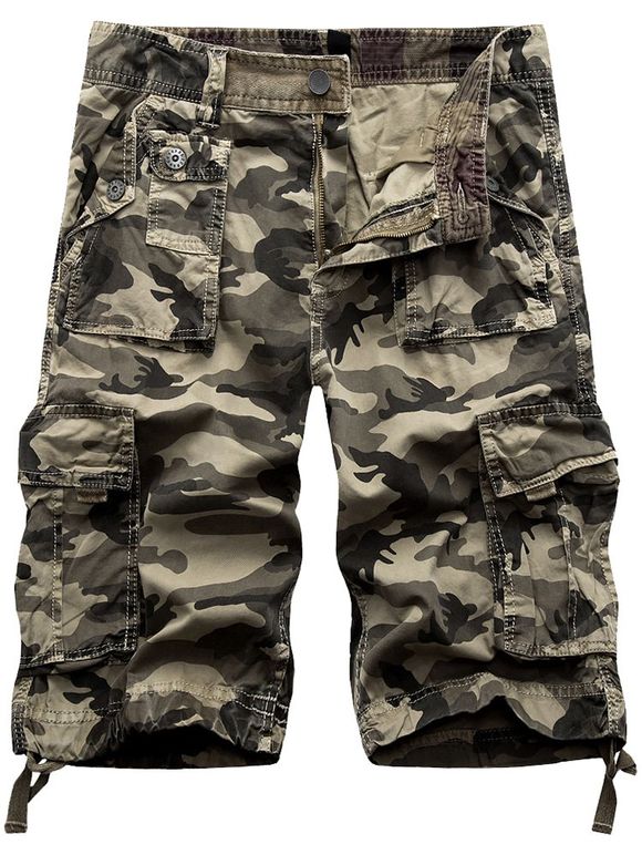 Camo Print Army Cargo Shorts - Kaki 36