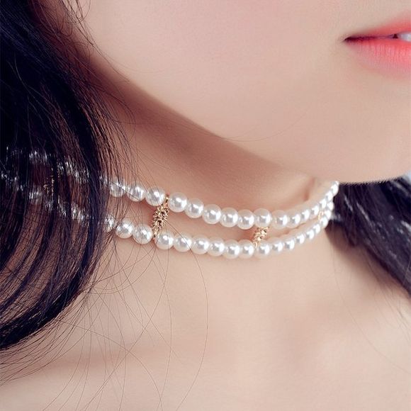 Collier en alliage double chaîne en perles artificielles - Blanc 