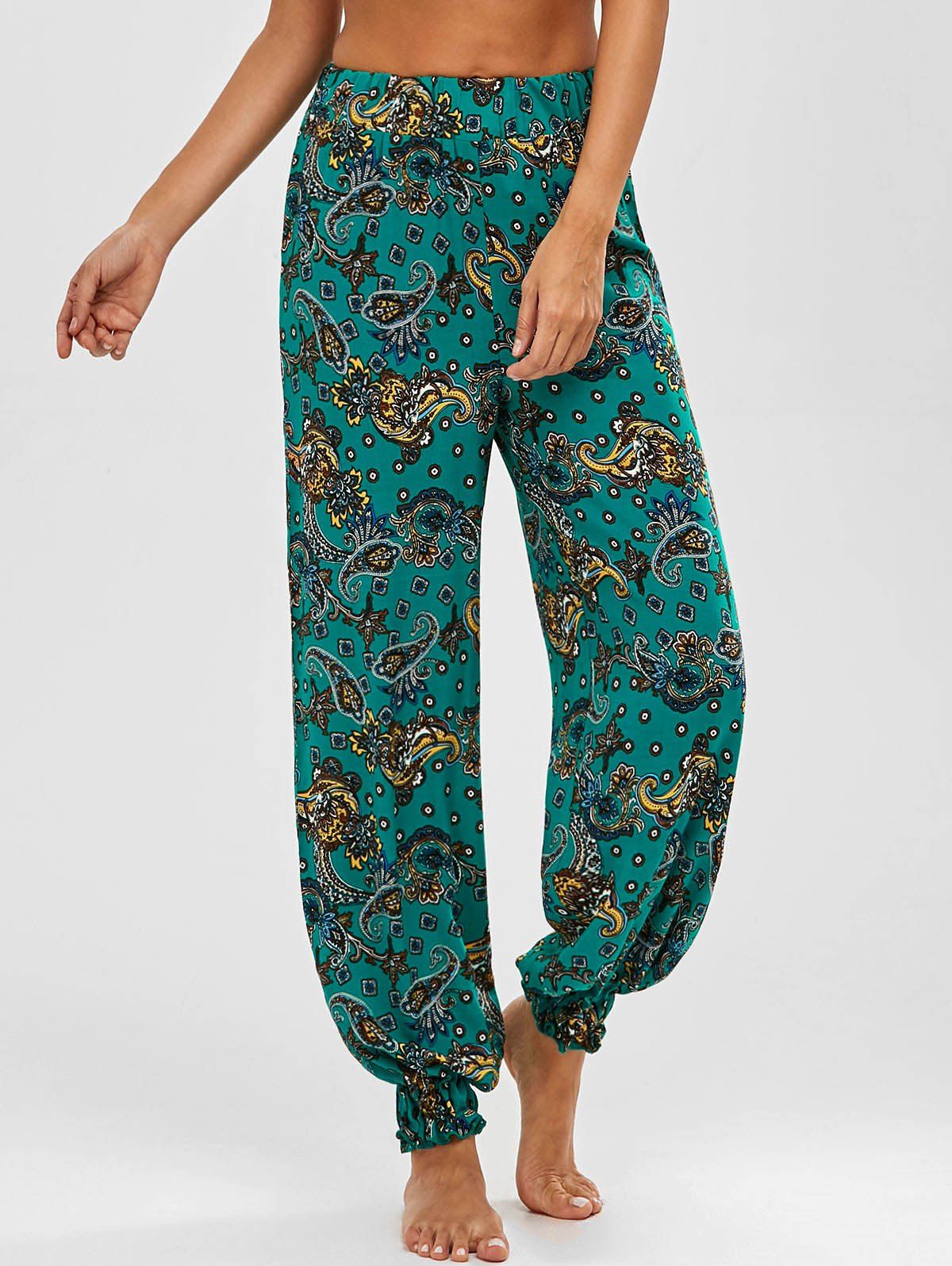 [17% OFF] 2021 High Waist Paisley Print Harem Pants In GREEN | DressLily