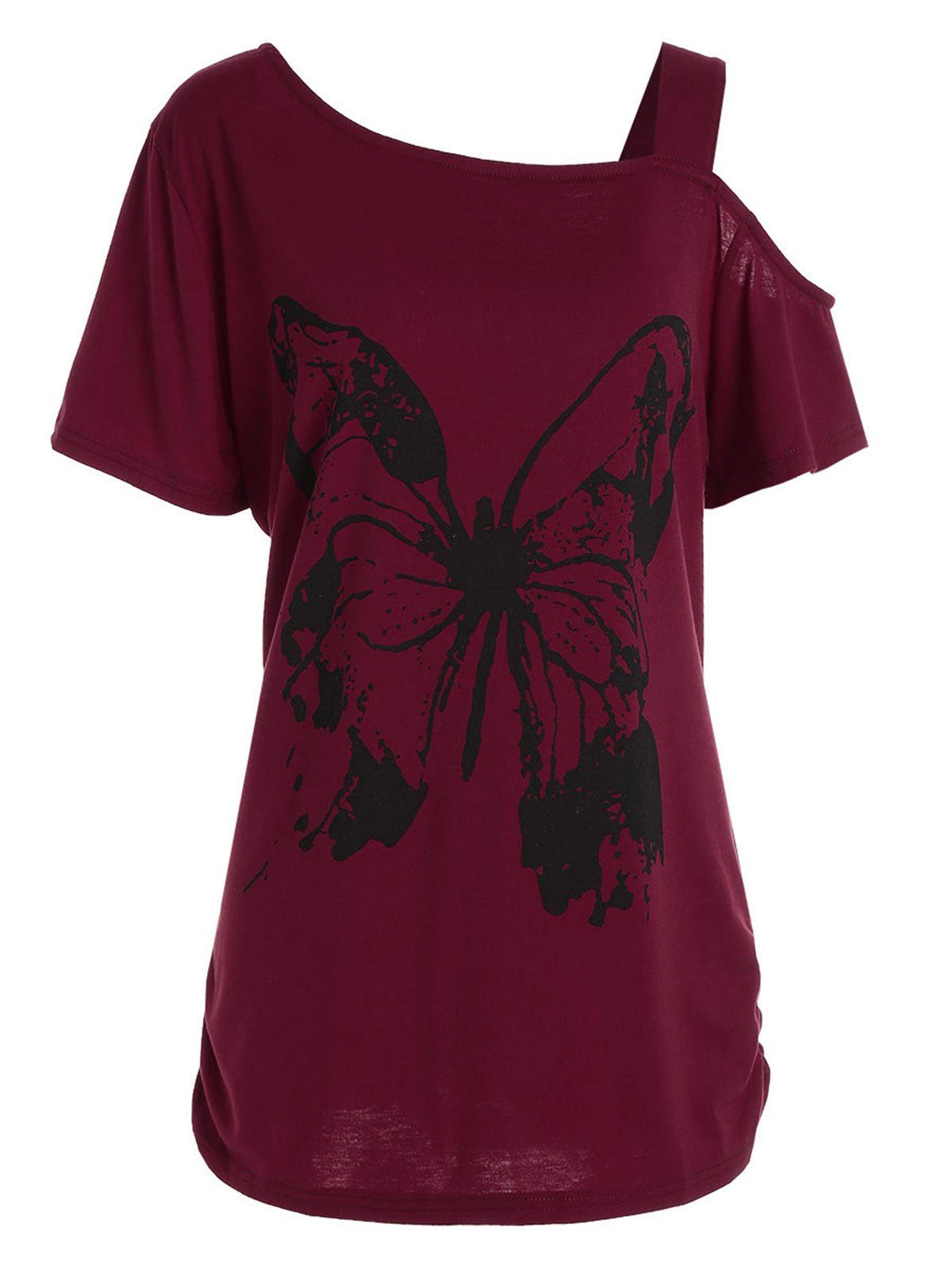 

Long Plus Size Butterfly Printed Cutout Shoulder T-Shirt, Purplish red c5