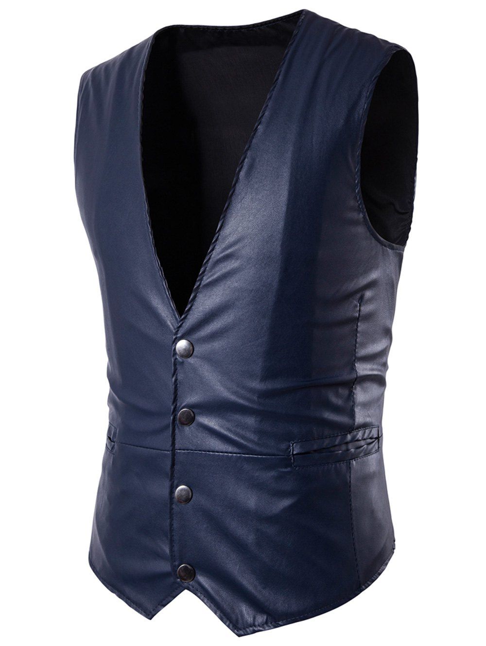 

V Neck Single Breasted Belt Design PU Leather Waistcoat, Deep blue