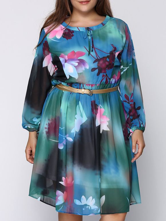 Élégant Col Scoop manches 3/4 imprimé floral Plus Size Women Dress  's - Bleu L