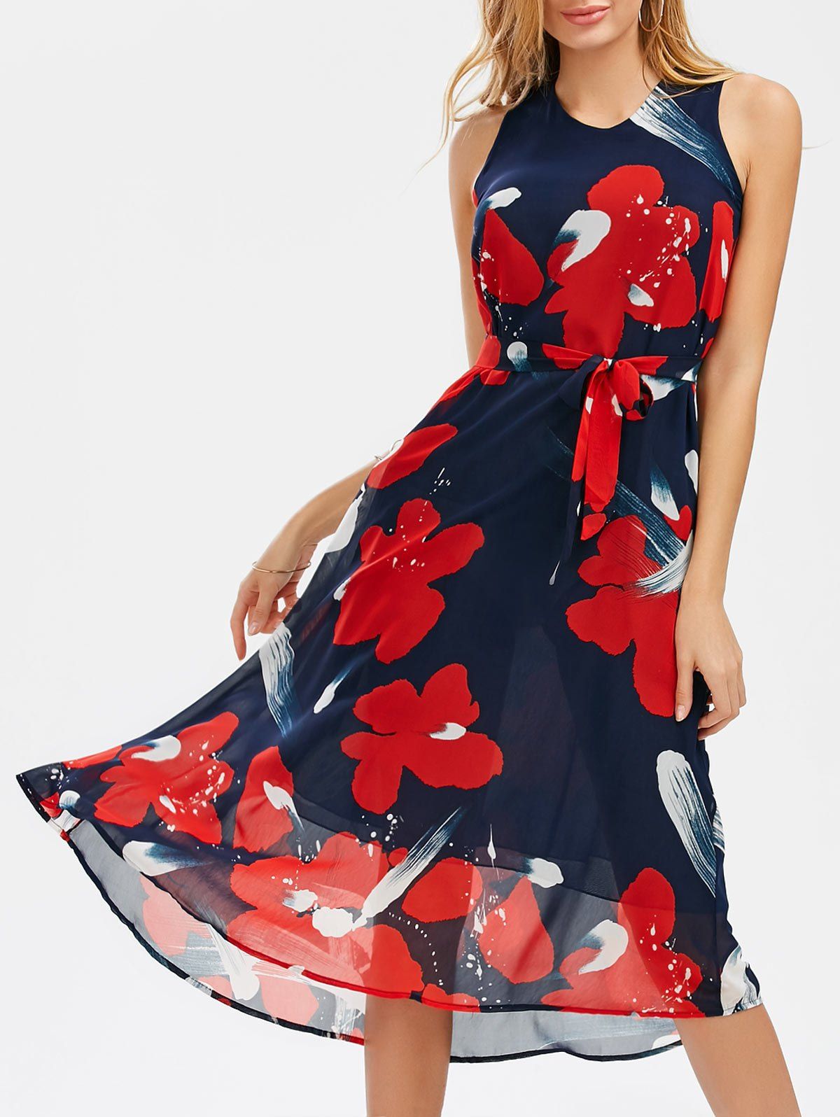

V Neck Printed Belted Chiffon Dress, Purplish blue