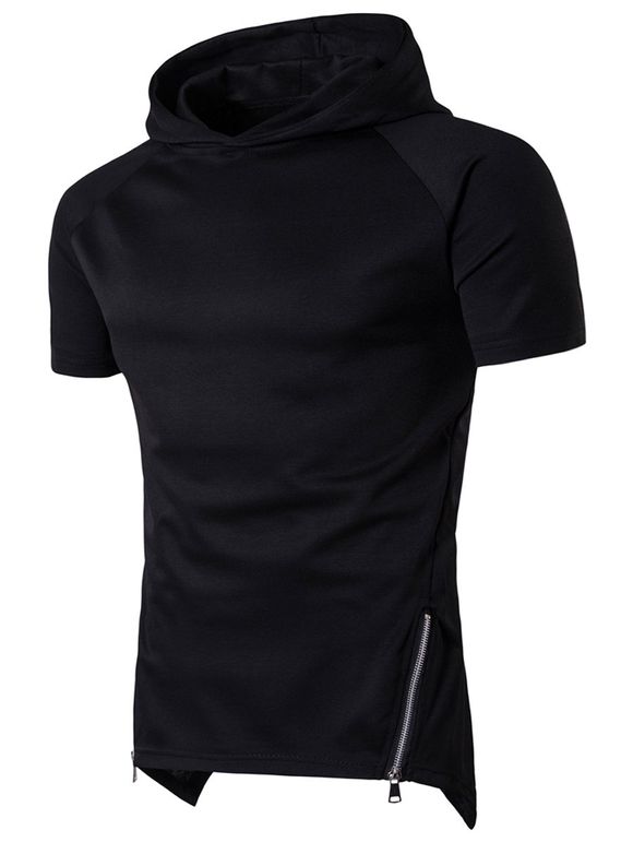 Short Raglan Sleeve Side Zip Up Longline Hoodie - Noir 3XL