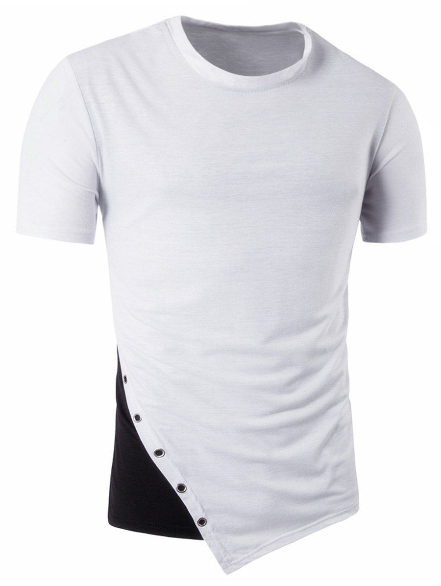 

Color Block Asymmetric Metal Circle Panel Longline T-Shirt, White