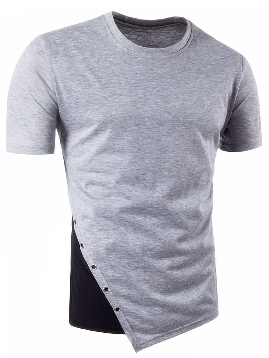 

Color Block Asymmetric Metal Circle Panel Longline T-Shirt, Light gray