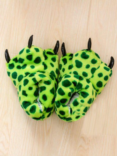 Leopard Print Tiger Stripes Bear Claw Plush Heel Cover Couples Slippers - GREEN 