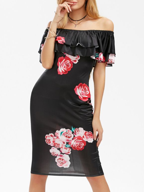 Ruffle Layer Off The Shoulder Print Dress - Noir S